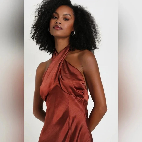 Lulu's Start of Forever Brown Satin Halter Mermaid Maxi Dress Wedding Party - Picture 4 of 12
